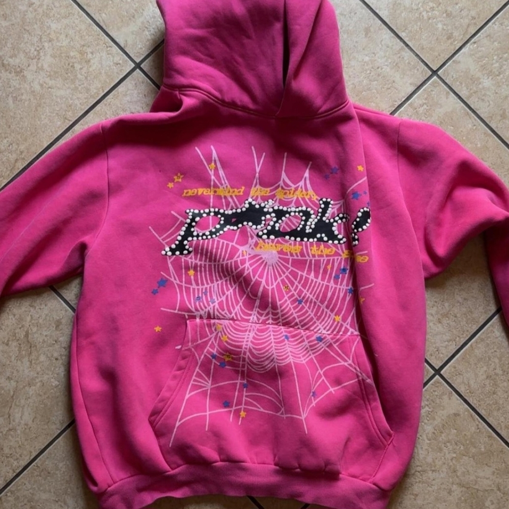 Pink Kids Hoodie with Spider Web Design